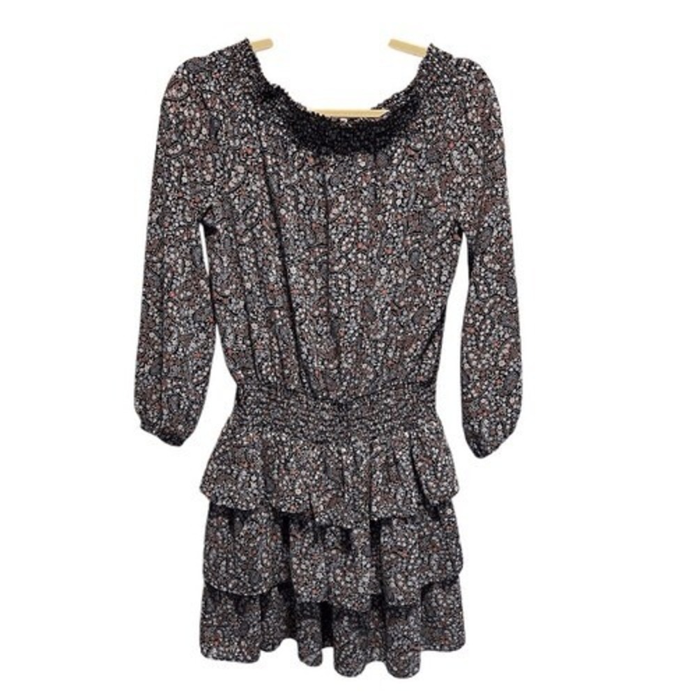 Michael Michael Kors Smocked Floral Tiered Mini Dress Blue Boho Small